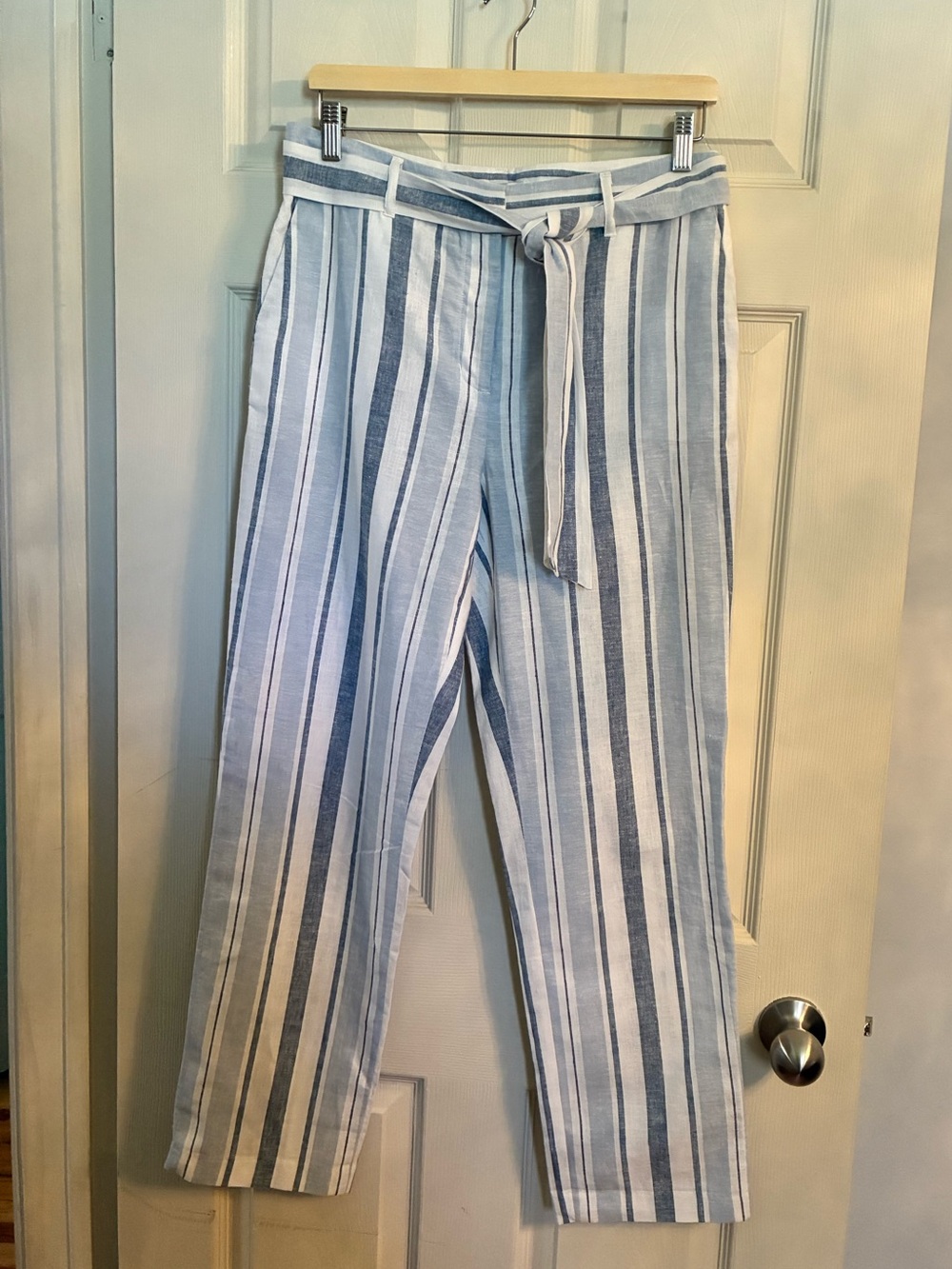 Carolina Belle Blue and White Striped Linen Blend Straight Leg Pants